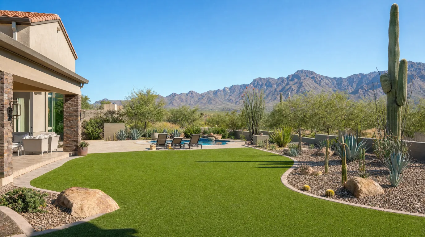 Backyard lawn and desert landscaping with pool and mountain views