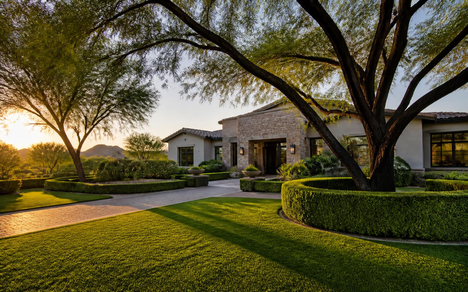 Manicured lawn, mature trees and trimmed hedges at an upscale North Phoenix residential property
